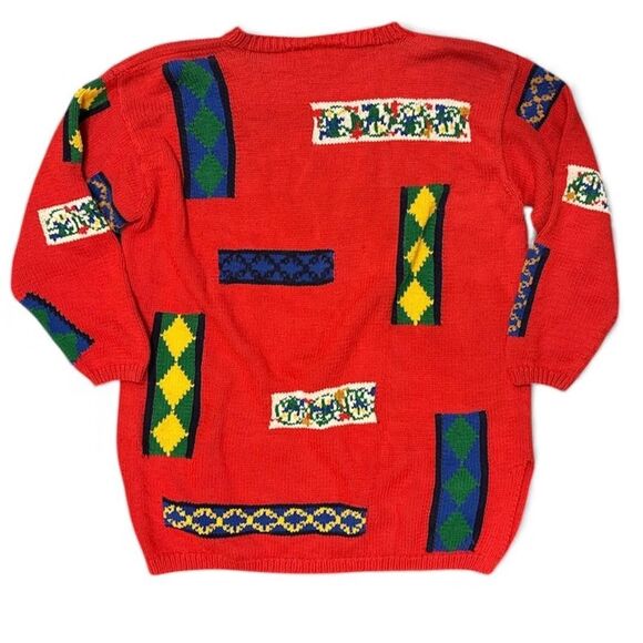 VTG Adrianne Vittadini Sport Sweater Womens L Red Cotton Colorful Graphic Knit - Picture 2 of 9